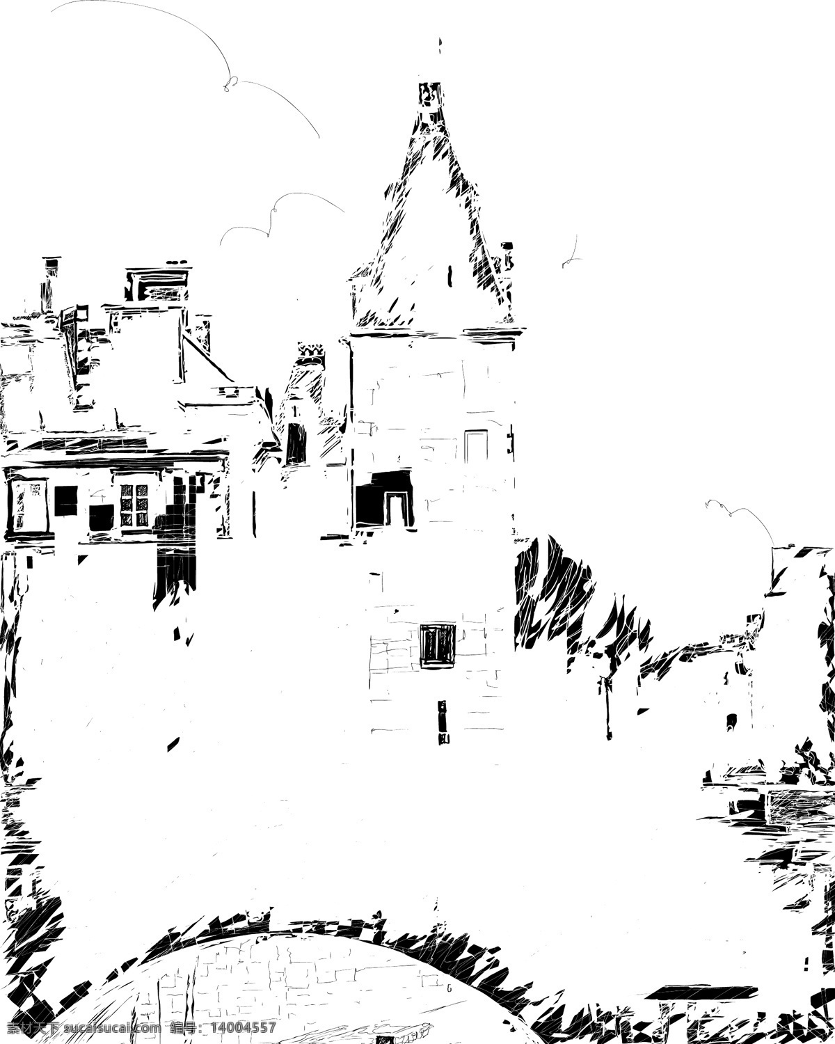 插画 城堡 风景 黑白 建筑 素描 艺术