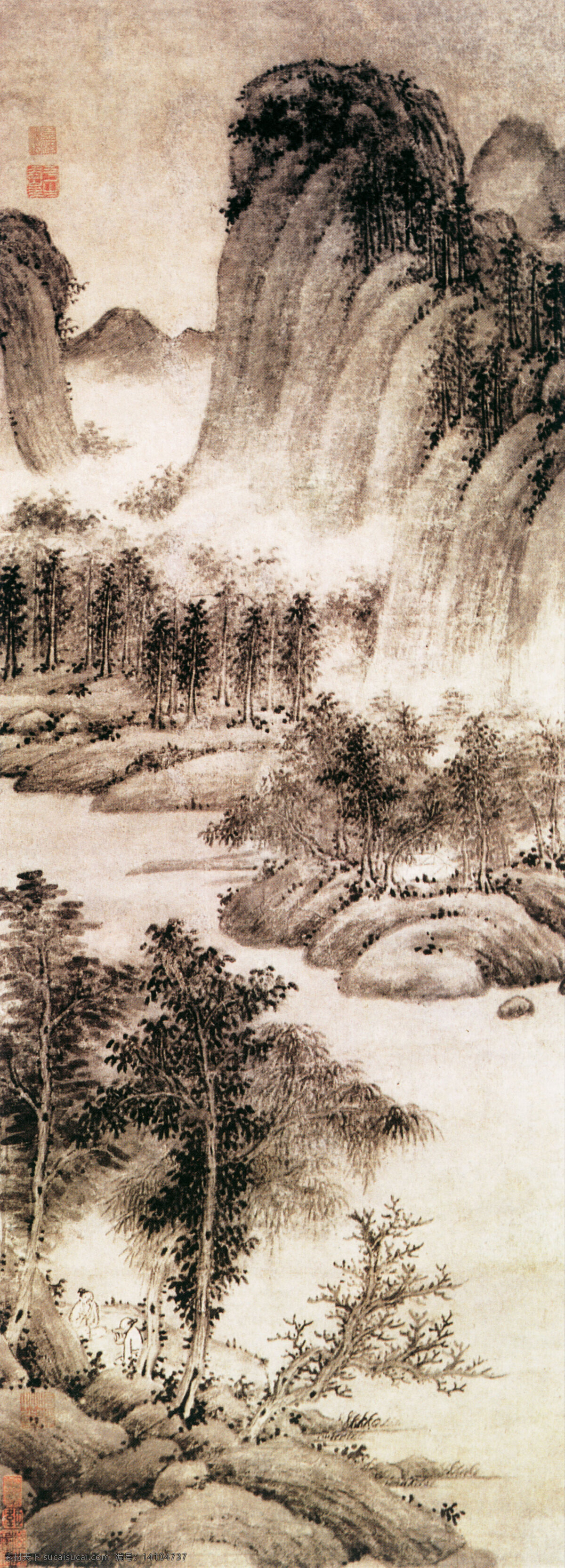 奇峰 耸立 风景 古代 古典 古画 国画 绘画 林间 林木 名画 山水 中国画 中华传世国画 中国画艺术 山水画 峡谷 幽谷 树林 文化艺术