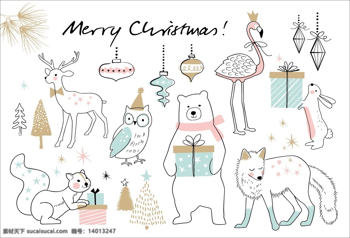 可爱 卡通 动物 线 稿 圣诞节 创意 卡片 矢量 松树 白熊 圣诞节装饰 狐狸 树林