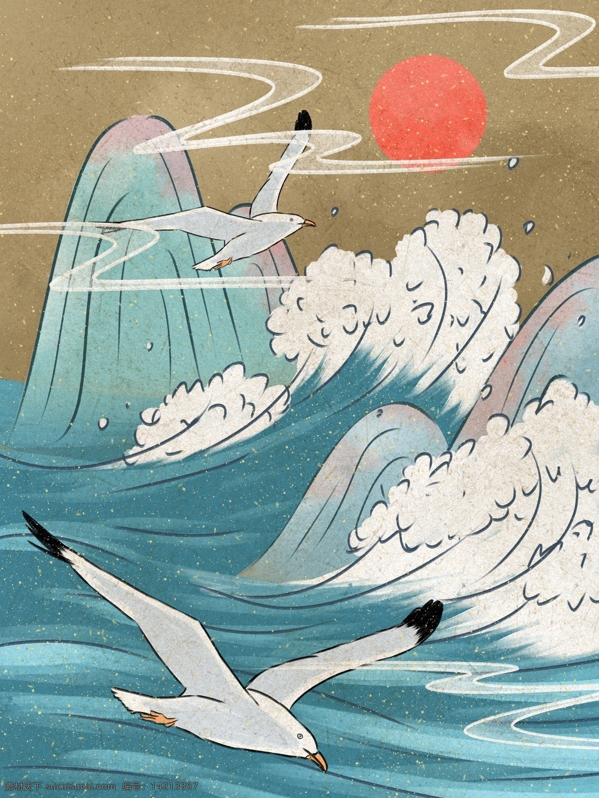 中国 风 水墨 插画 海浪 海鸥 复古 中国风 蓝色 壁纸 山 落日 海 背景 海鸟