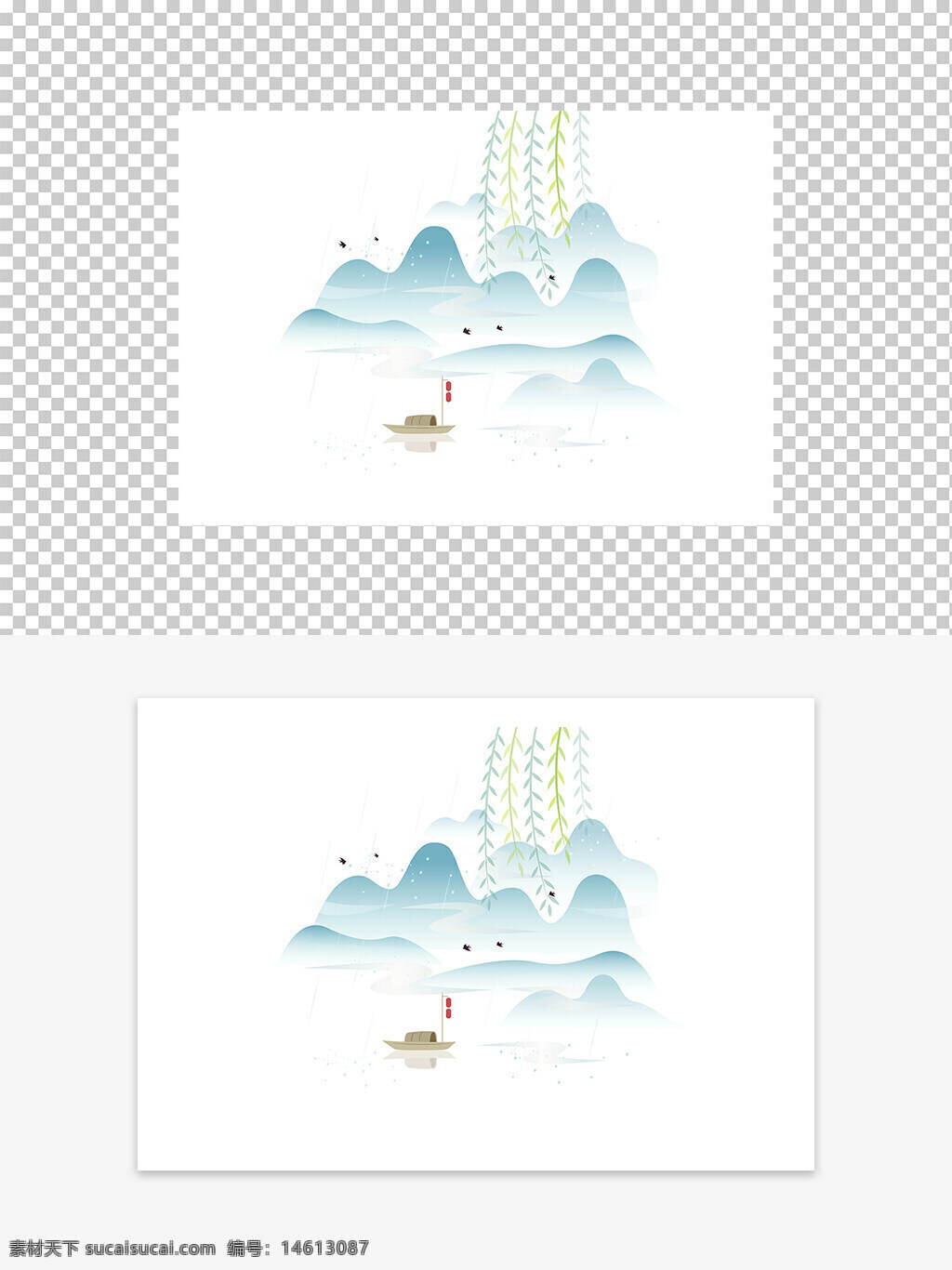 江南风景 雨中景色 中国风 水墨风格 山水画 传统文化 小船 柳树垂钓 雨景意境 微风细雨 淡雅色彩 自然山川 清新唯美 古典韵味 艺术设计