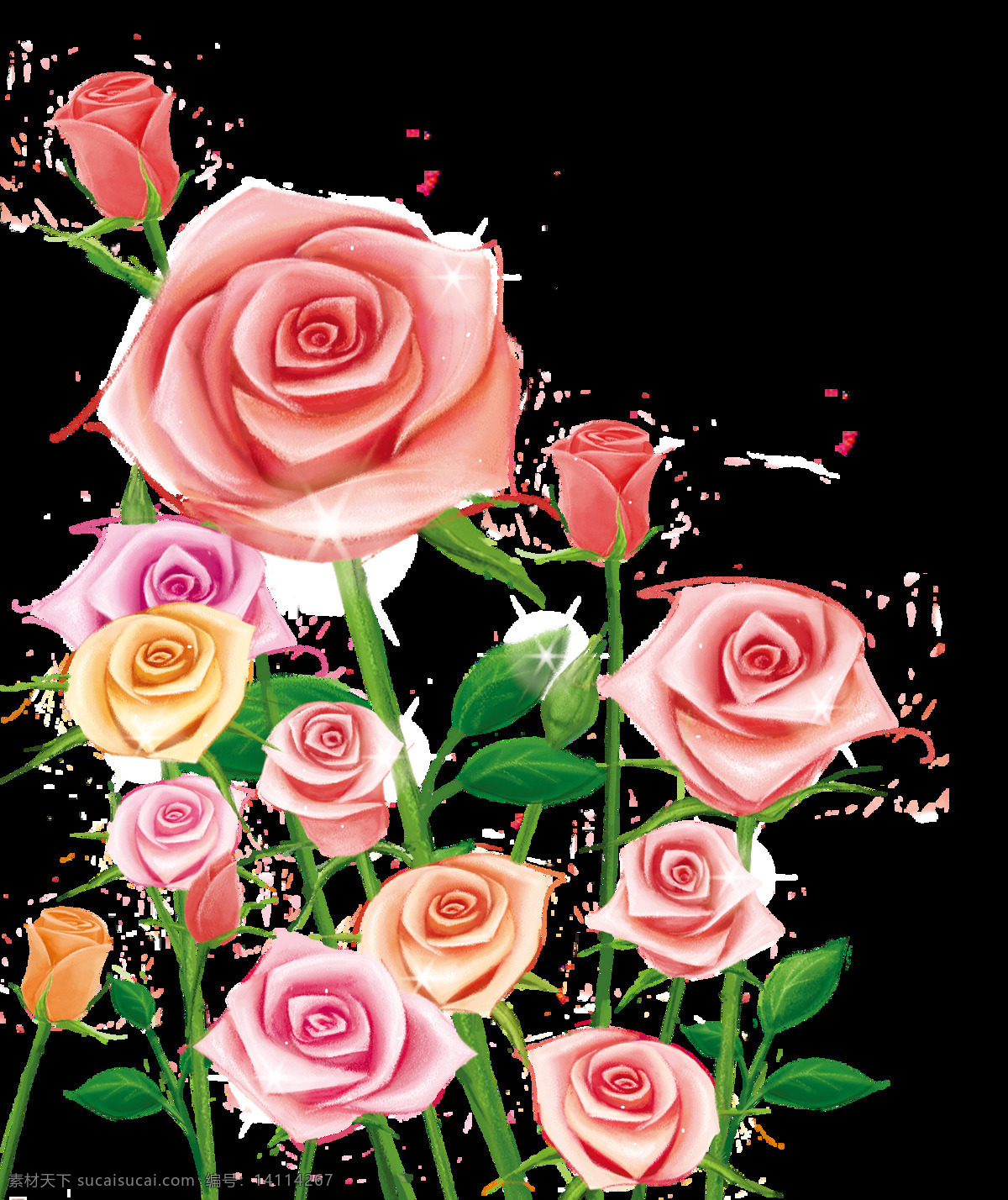 清新 手绘 捧 花 装饰 元素 浅色花枝 深粉色花束 装饰元素 红色花束 手绘花朵