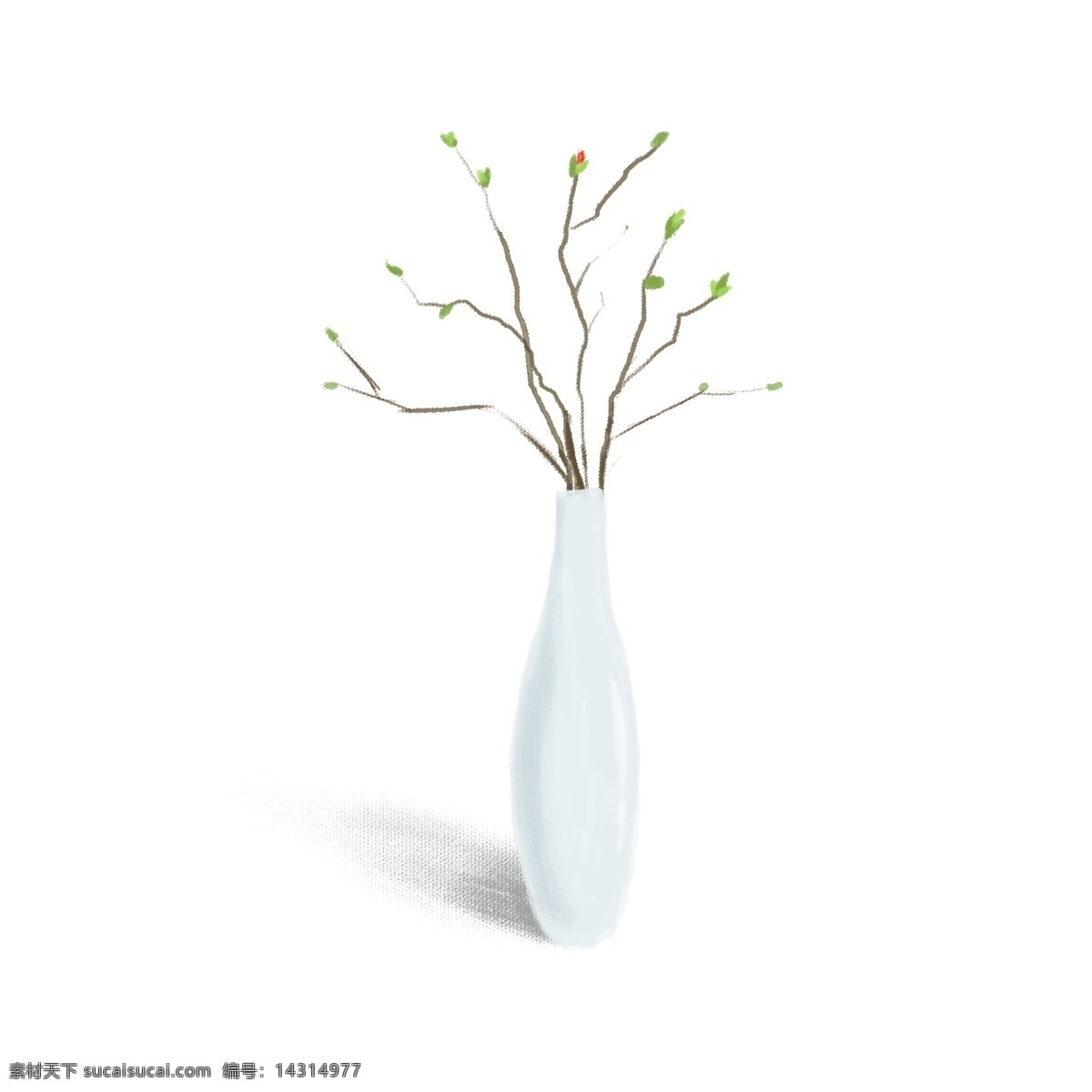 原创 手绘 白色 花瓶 花卉 插画 商用 树枝 叶子 白色花瓶 商业素材