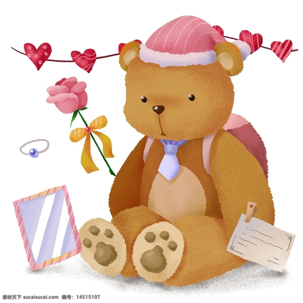 手绘 可爱 泰迪 熊 玫瑰花 明信片 送 女孩 礼物 泰迪熊 送女孩 生日礼物 少女 卡通 呆萌 毛绒玩具 心形 镜子 精致