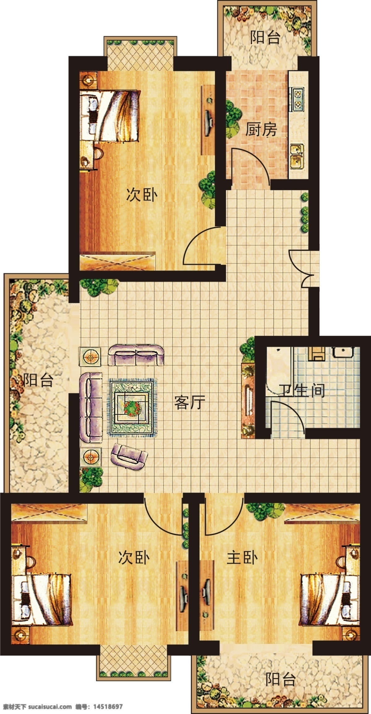 地产 户型图 彩色 户型 模板 分层 三居 平面图 家配 家具 家具平面 厨具 餐桌 床 桌椅 书桌 psd分层 源文件