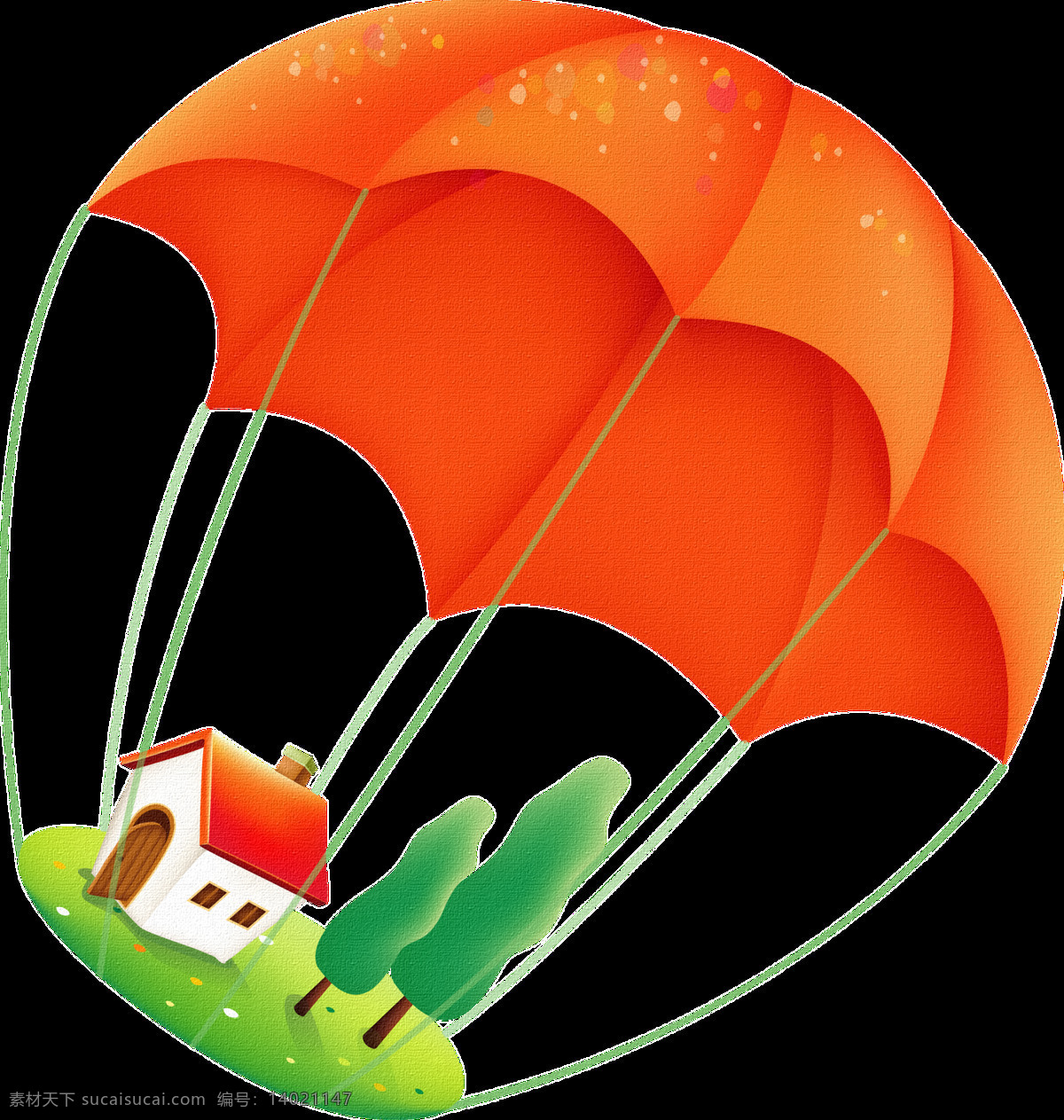 手绘 卡通 降落伞 草地 透明 橙色 房子 绿色 免扣素材 树木 透明素材 装饰图片