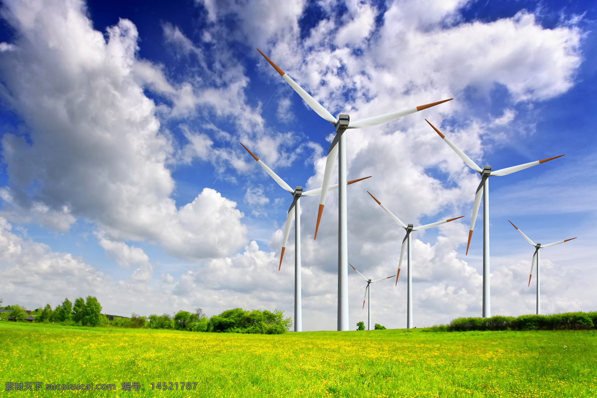草地 上 风力 发电机 草坪 野花 树 蓝天 白云 风力发电车 风力发电机 山水风景 风景图片
