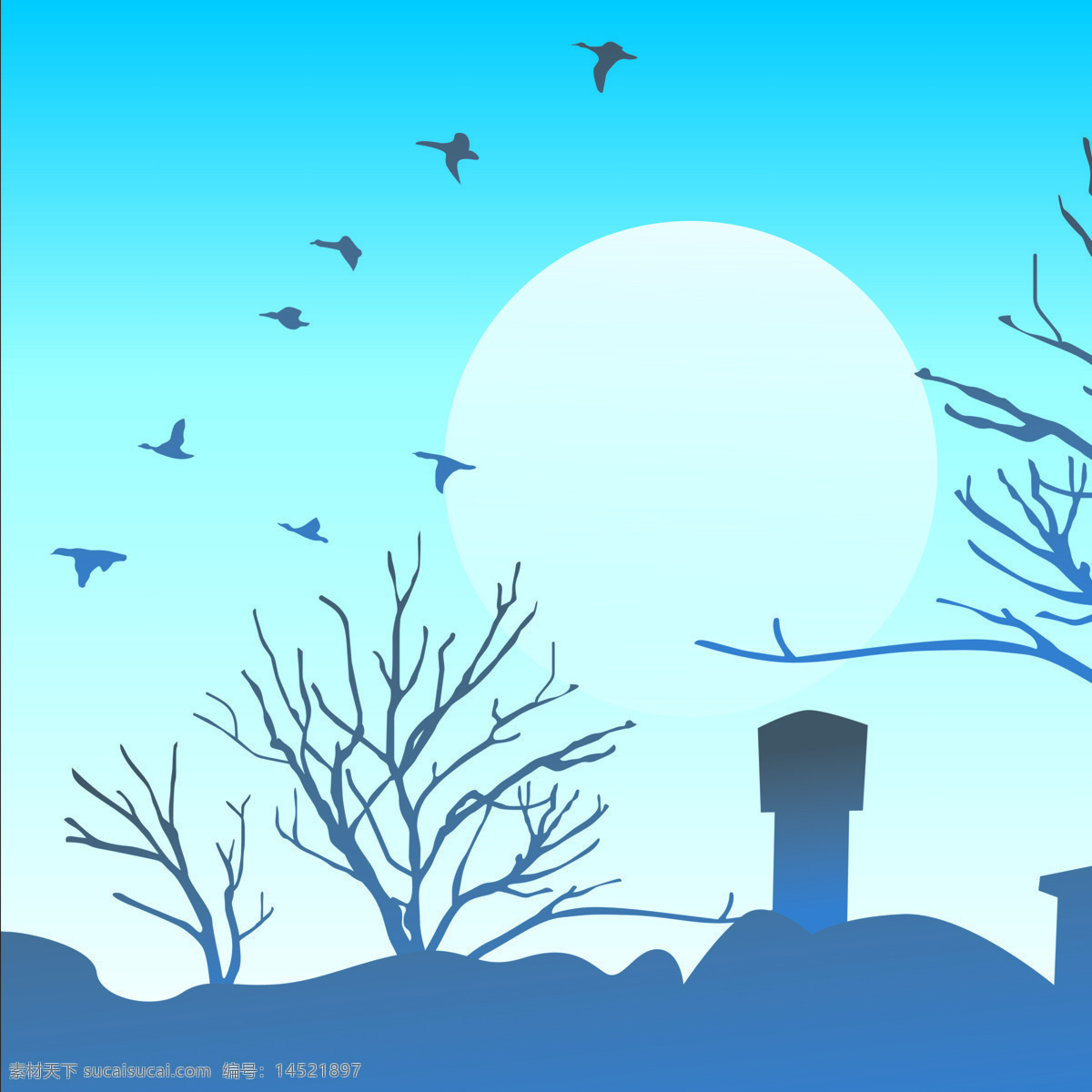 明月 下 朦胧 墓地 背景 装饰画 大雁 枯树
