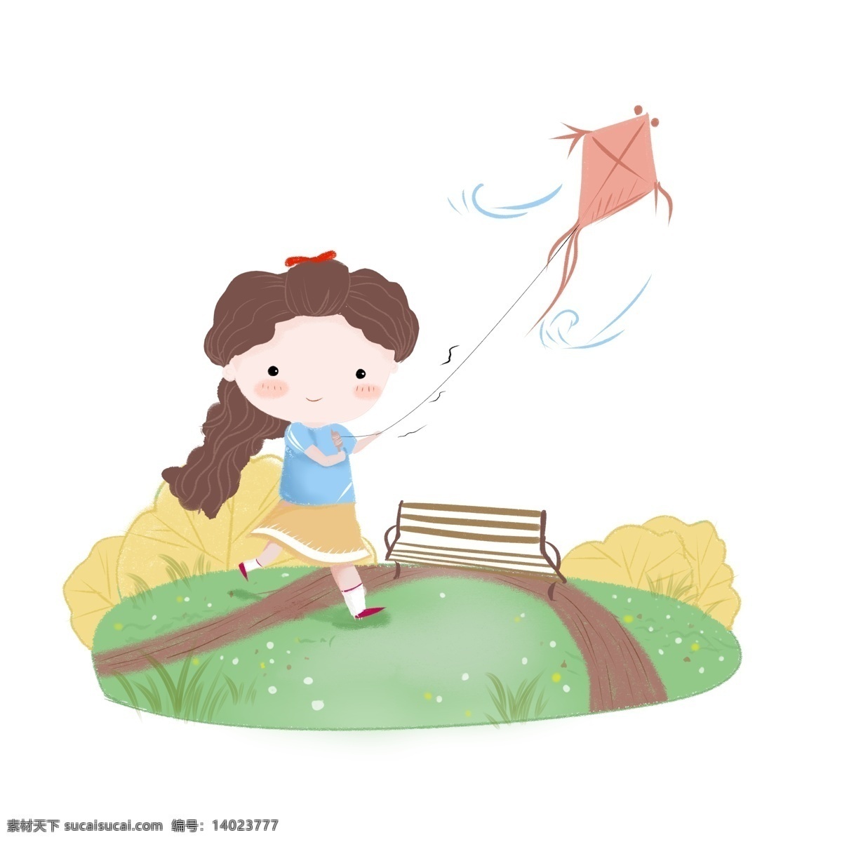 花园 放风筝 可爱 卡通 女孩 秋天 郊游 春天 踏青 草地 人物 手绘 运动女孩 活力 活泼