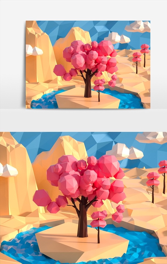 卡通 lowpoly 粉色 树 模型 c4d 粉色树 3d 场景 3d设计 3d作品