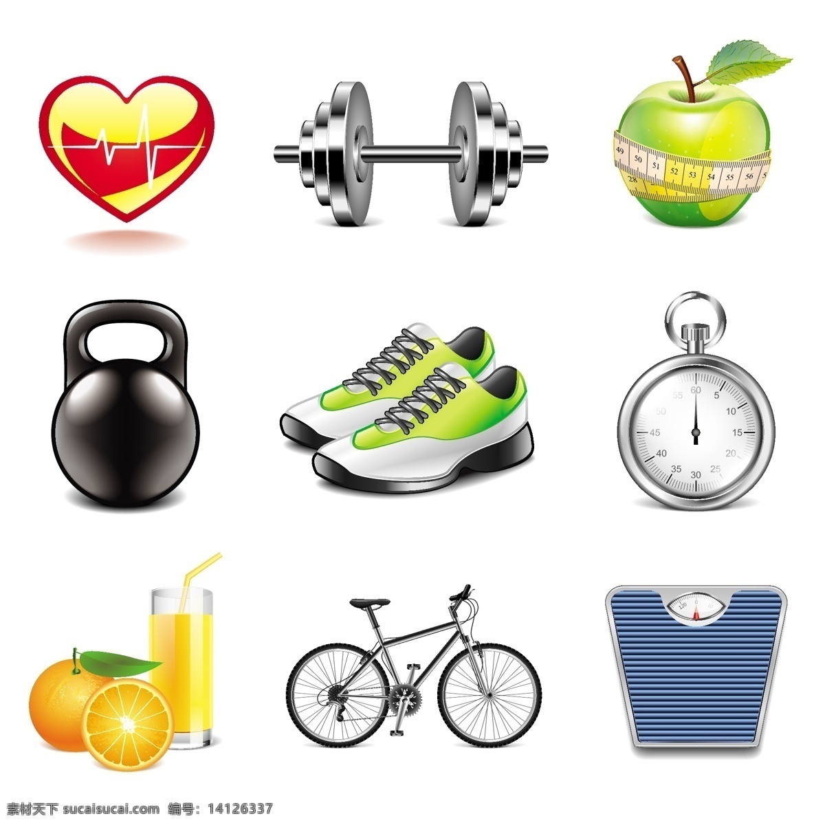 精美 运动 健身 图标 橙汁 尺子 举重 秒表 苹果 运动鞋 自行车 哑铃 心率 计时器 体重称 矢量图 其他矢量图