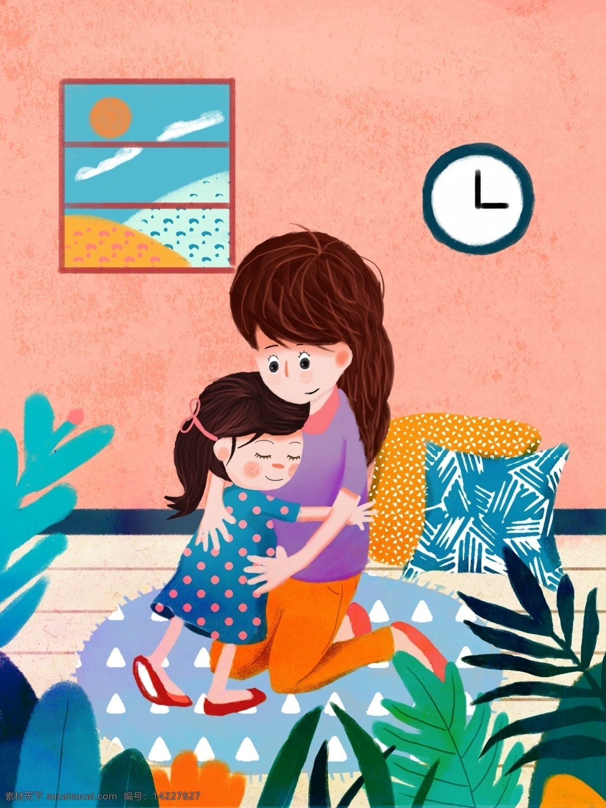 温暖 风格 女儿 拥抱 母亲 肌理 插画 母女 母亲节 抱枕 地毯 肌理插画