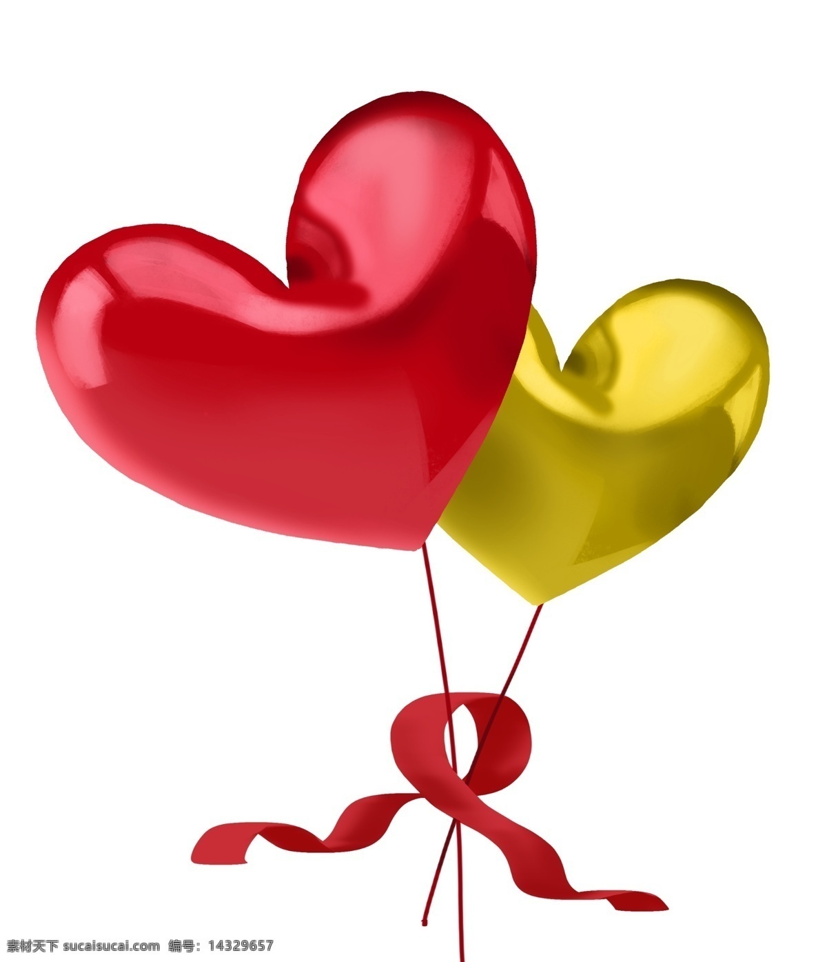 两个 心形 气球 插画 两个气球 红色的气球 心形气球 黄色气球 红色丝带装饰 漂浮的气球 气球装饰插画