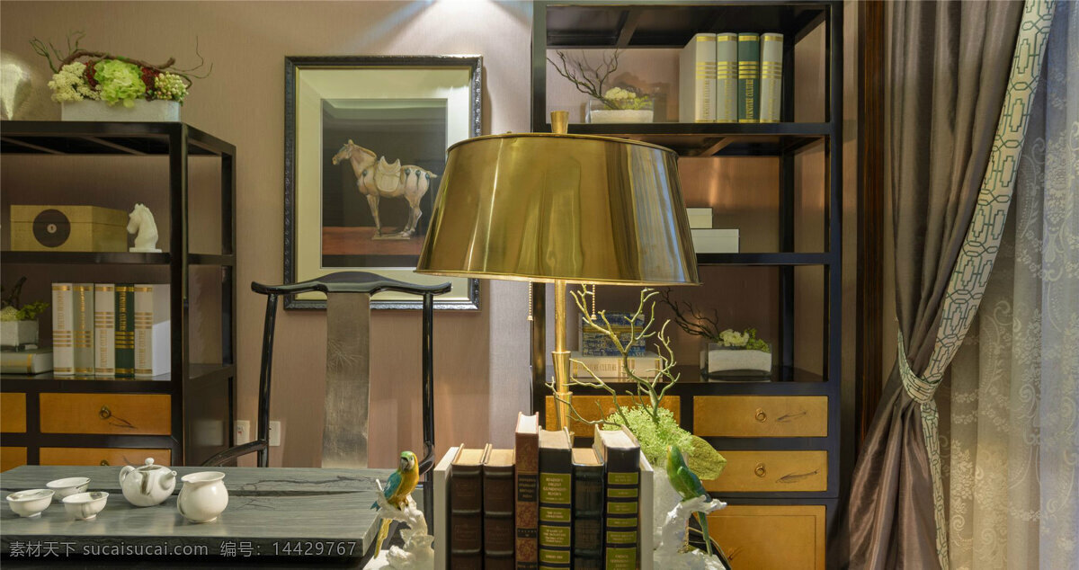现代 简洁 风 书房 装修设计 效果图 白瓷茶具 挂画 金色窗帘 木制书架 室内设计