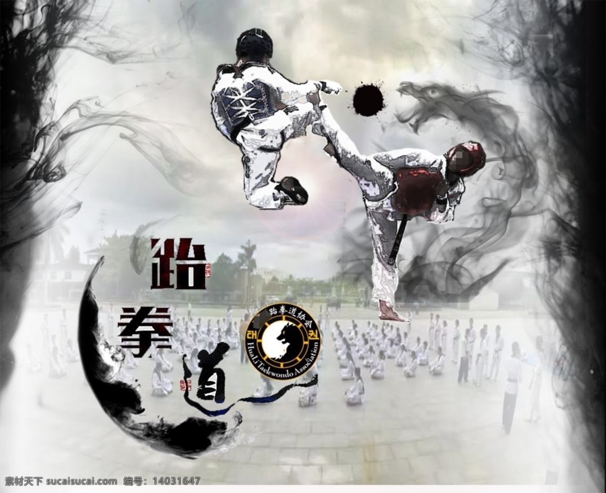 跆拳道海报 跆拳道 中国风 水墨画 黑白 渲染 格斗