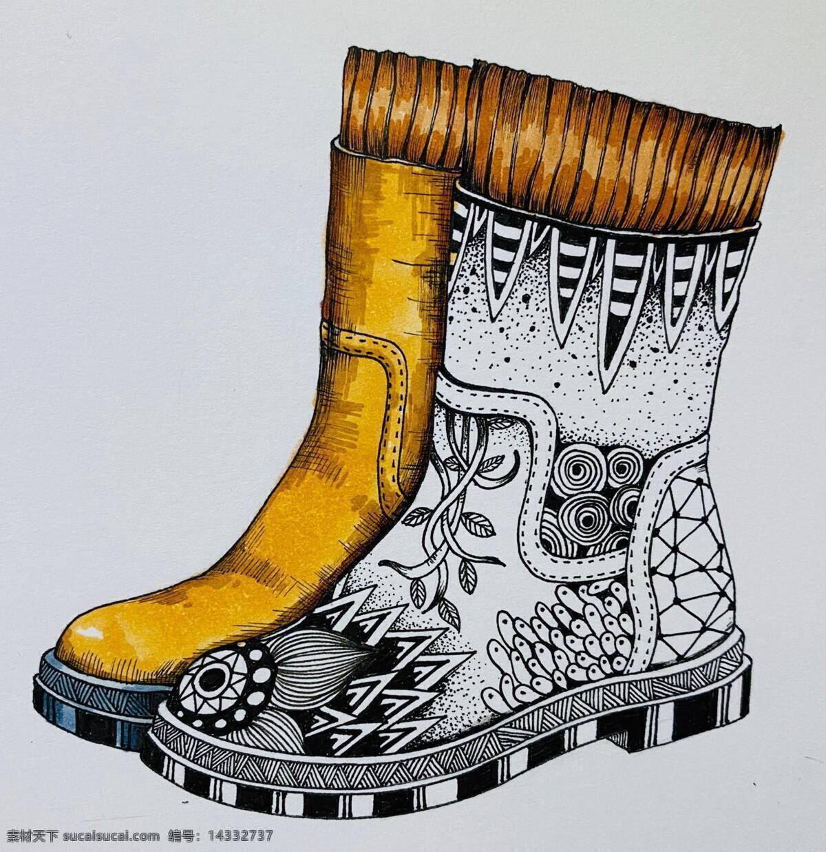 线描靴子 靴子 线描 马克笔 装饰画 创意 文化艺术 绘画书法