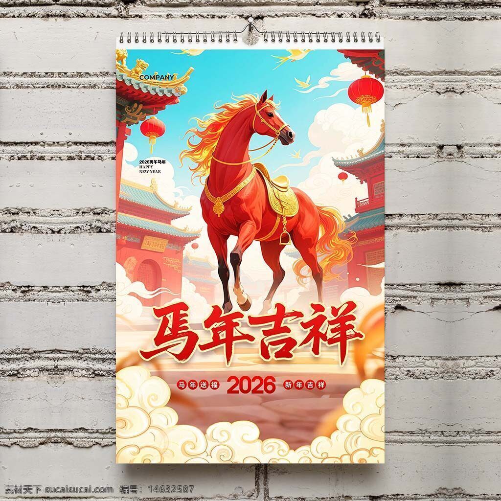 马年 吉祥 新年 台历封面 竖版设计 红色主题 金马 传统建筑 云彩 中国风 节日庆祝 喜庆氛围 春节 马年祝福 2026年