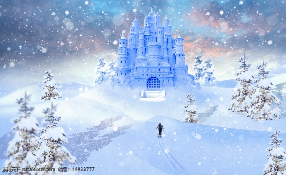 蓝色 浪漫 城堡 冬季 雪景 合成 文件 广告背景 海报背景 滑雪 浪漫冬雪 梦幻 梦幻城堡 松树