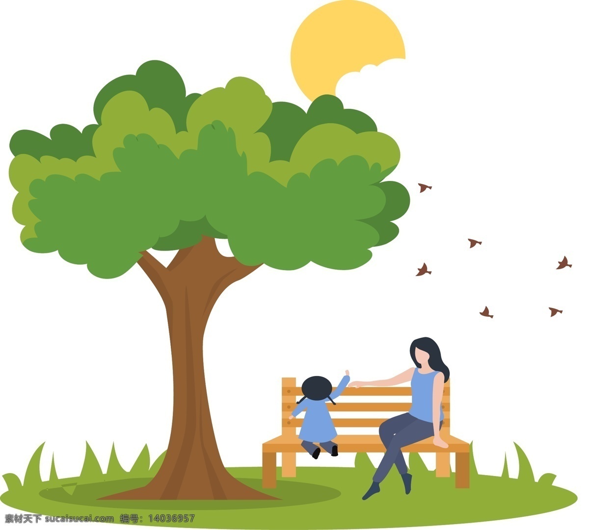 卡通 插 画风 大树下 母女 休闲 大自然 户外 大树 草地 坐着的母亲 玩耍的小女孩 女儿 小鸟