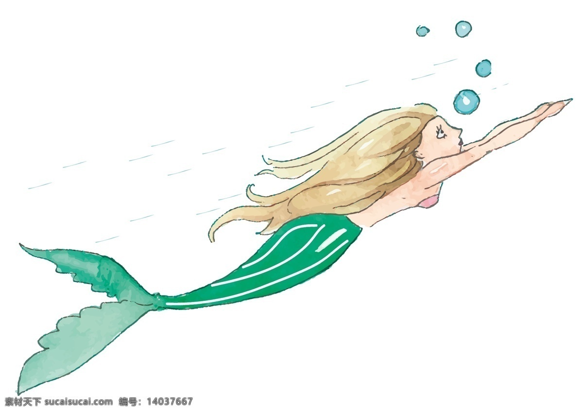 卡通 水彩 可爱 美人鱼 人鱼 夏天 清凉 神话 动物 游泳 海洋 绿色 人物 夏季 美丽