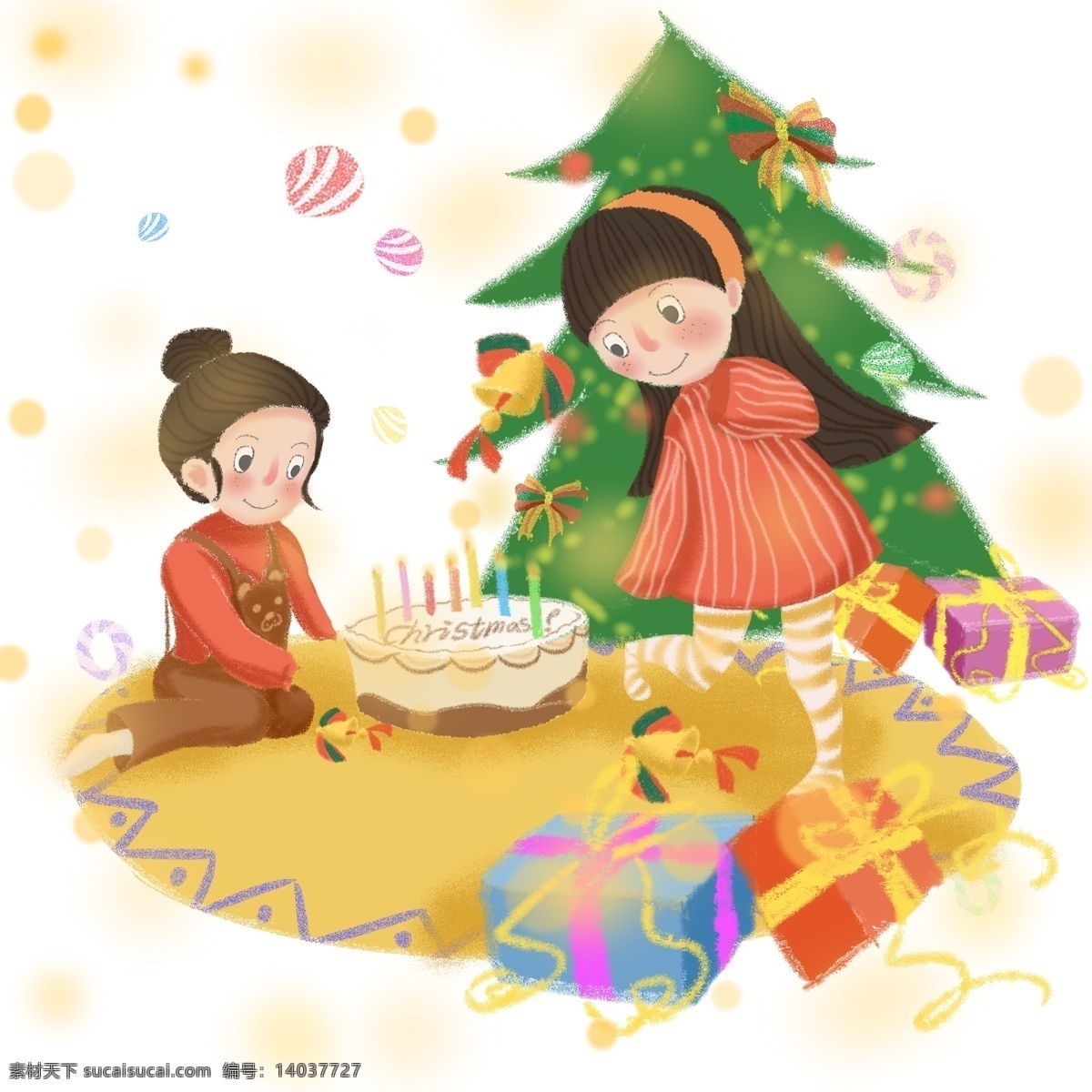 可爱 萝 莉 许愿 圣诞 图 圣诞礼物 巧克力 蛋糕 闪闪 梦幻 圣诞树 圣诞温暖光晕 儿童 插 画风 七彩铃铛