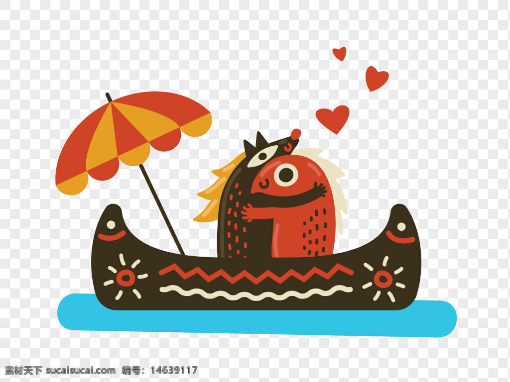 卡通插画 手绘风格 情侣拥抱 爱心元素 船上场景 刺猬形象 彩色伞 浪漫氛围 动漫风格 可爱设计 装饰图案 水面背景 婚礼主题 卡通角色 童趣画风
