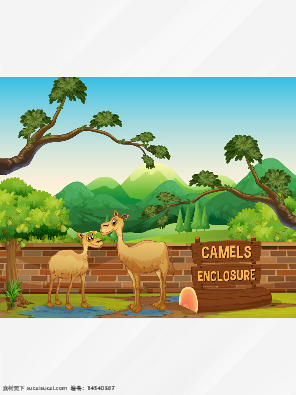 卡通 骆驼 动物 树木 森林 山 动物园