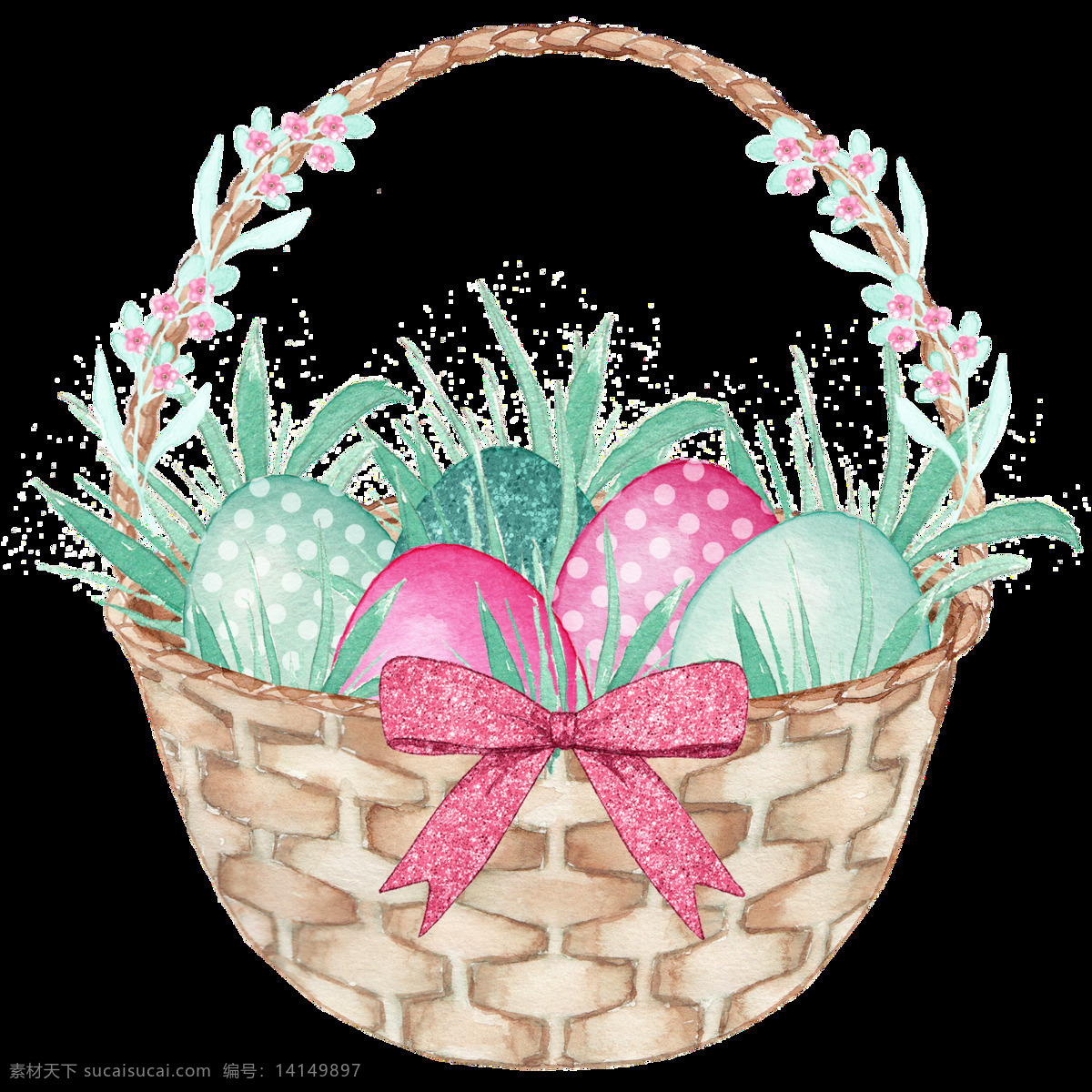 手绘 装有 彩蛋 篮子 透明 卡通 蝴蝶 绿色 编藤 免扣素材 装饰图案 透明素材 小花