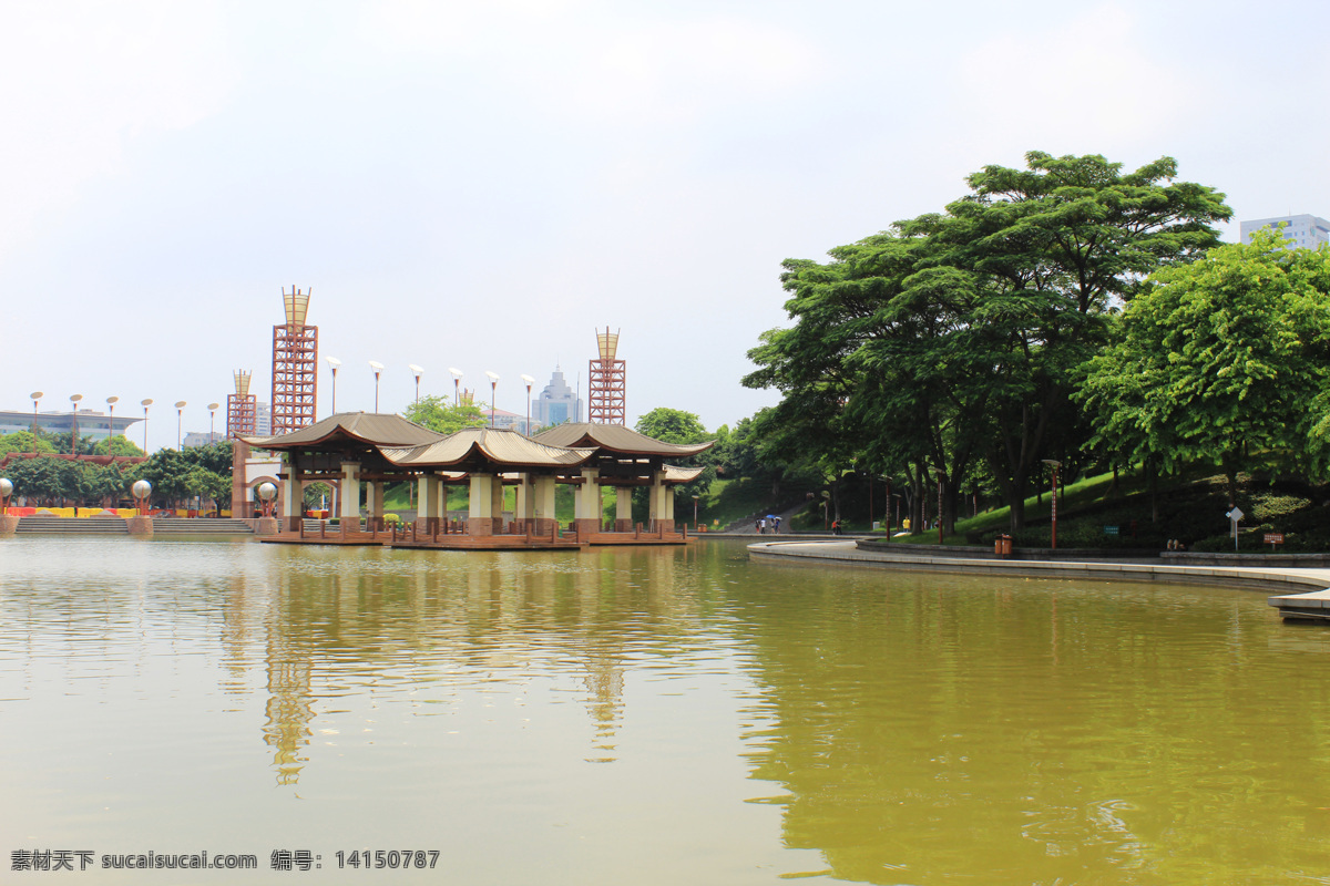 碧水 倒影 公园 湖景 建筑 建筑园林 绿树 千灯湖 千灯湖美景 佛山市 南海 千 灯 湖 水面 亭子 园林建筑 家居装饰素材 灯饰素材