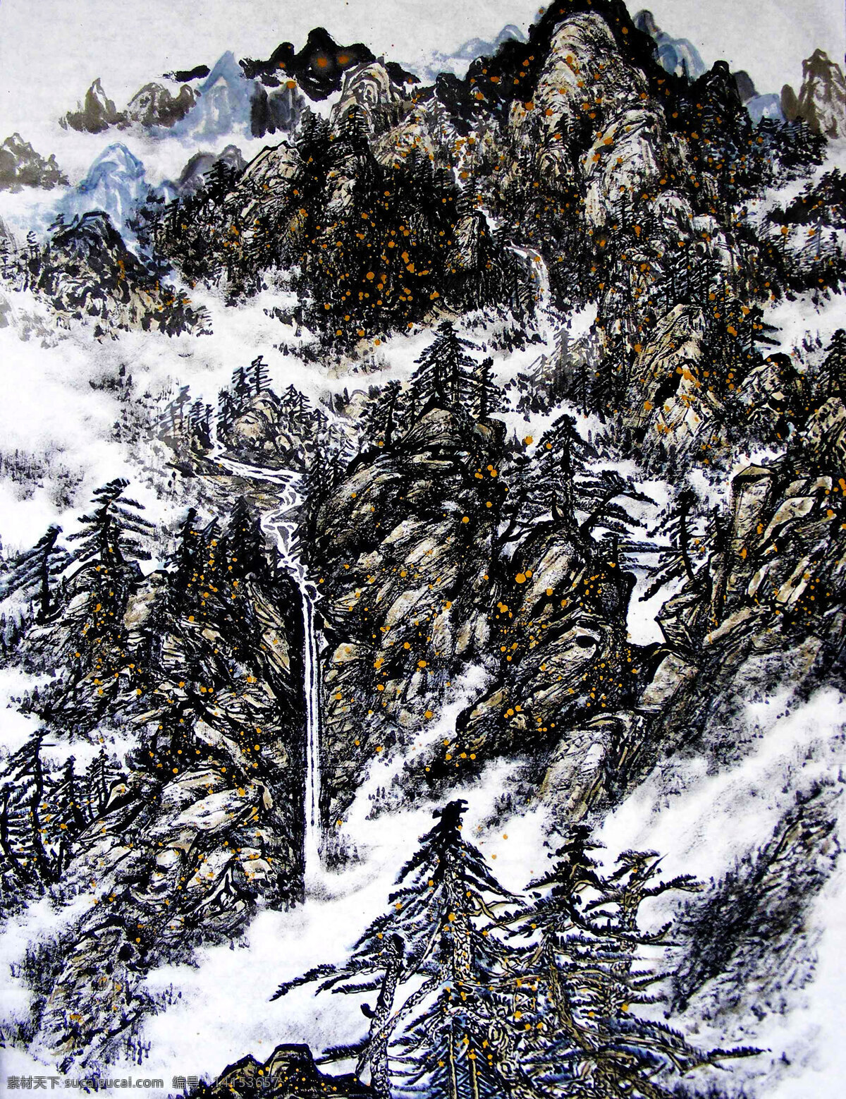 工笔画 国画 国画艺术 画 绘画书法 瀑布 山 山岭 山水画 水墨画 写意画 山水 石块 溪涧 江流 云雾 书法 印章 中国水墨画 文化艺术 装饰素材 雕刻 图案