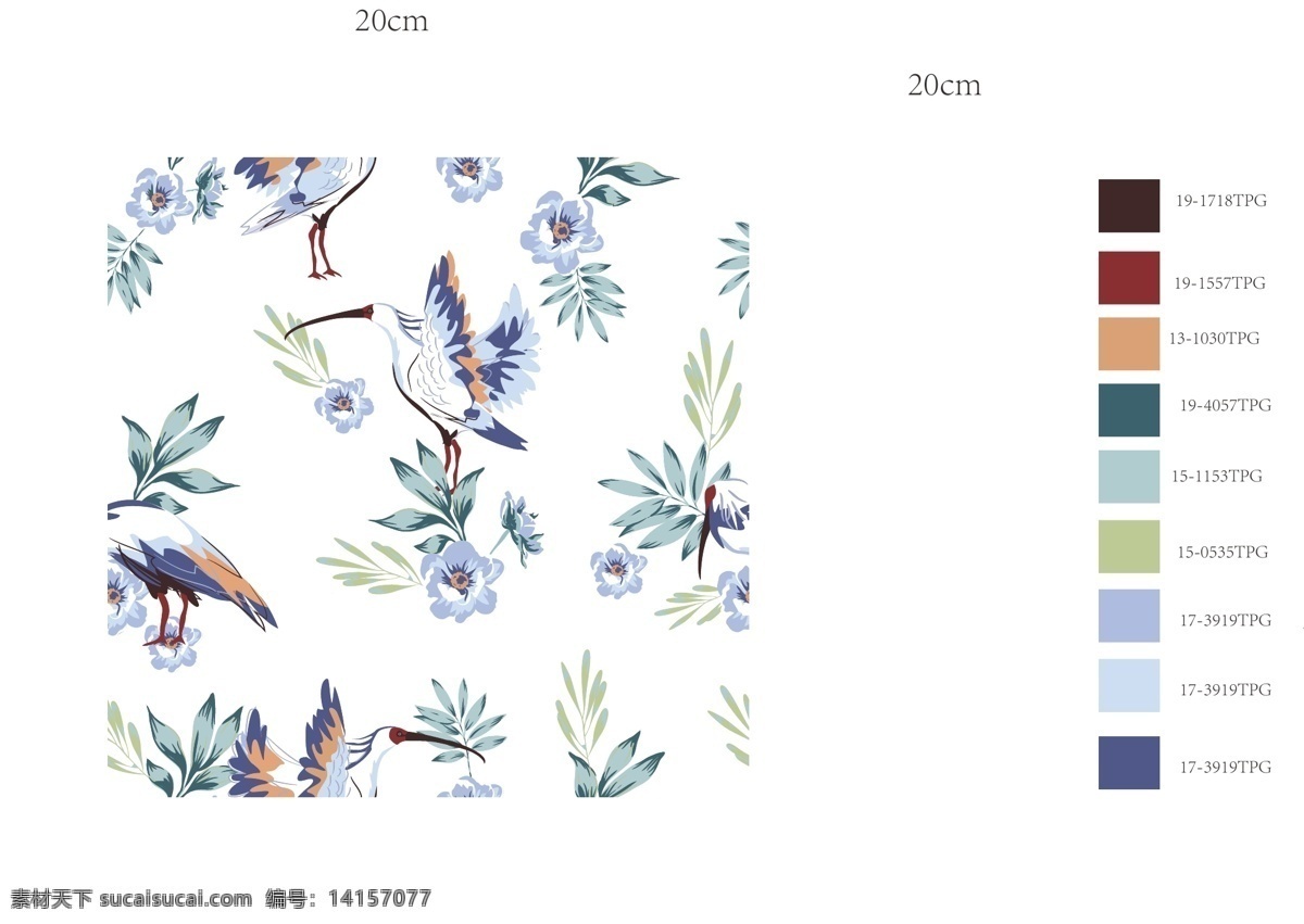 朱 鹮 牡丹 植物 插画 图案 朱鹮 动植物 无缝矢量图 手绘 图案设计 紫蓝调 色彩 服装设计