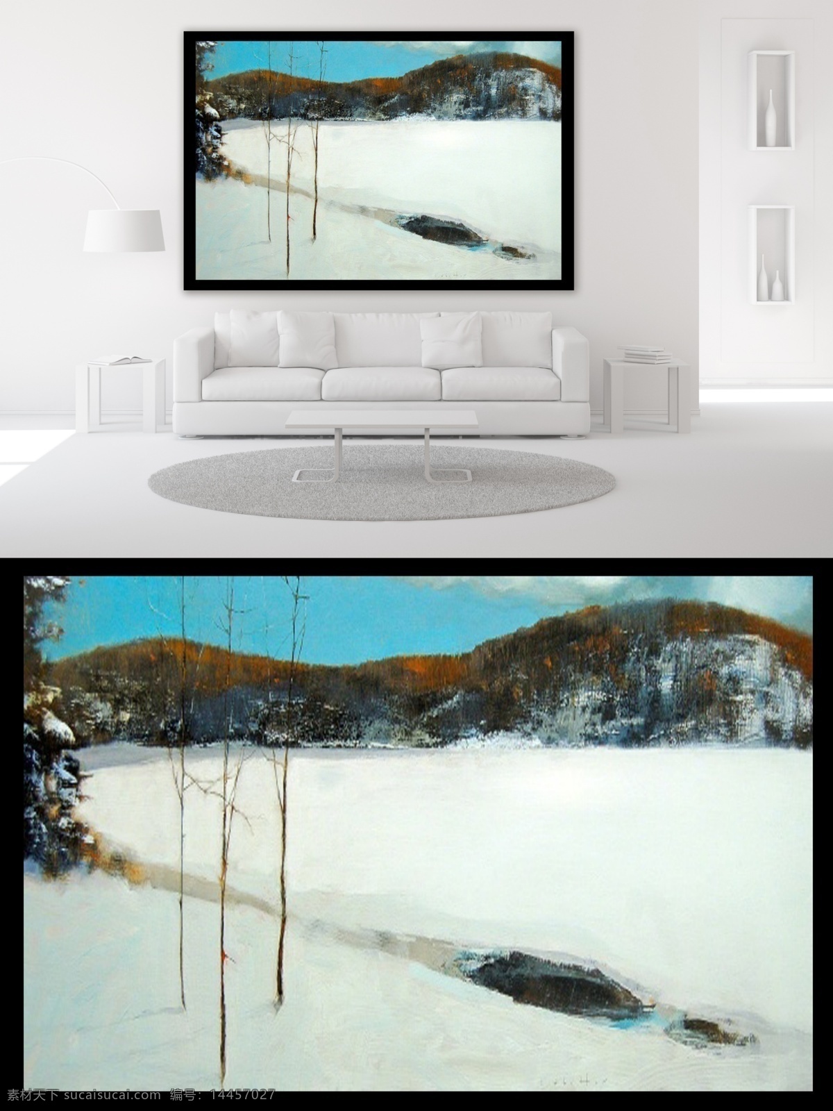 冬日 雪景 油画 风景 装饰画 唯美 意境 白雪 山 树枝