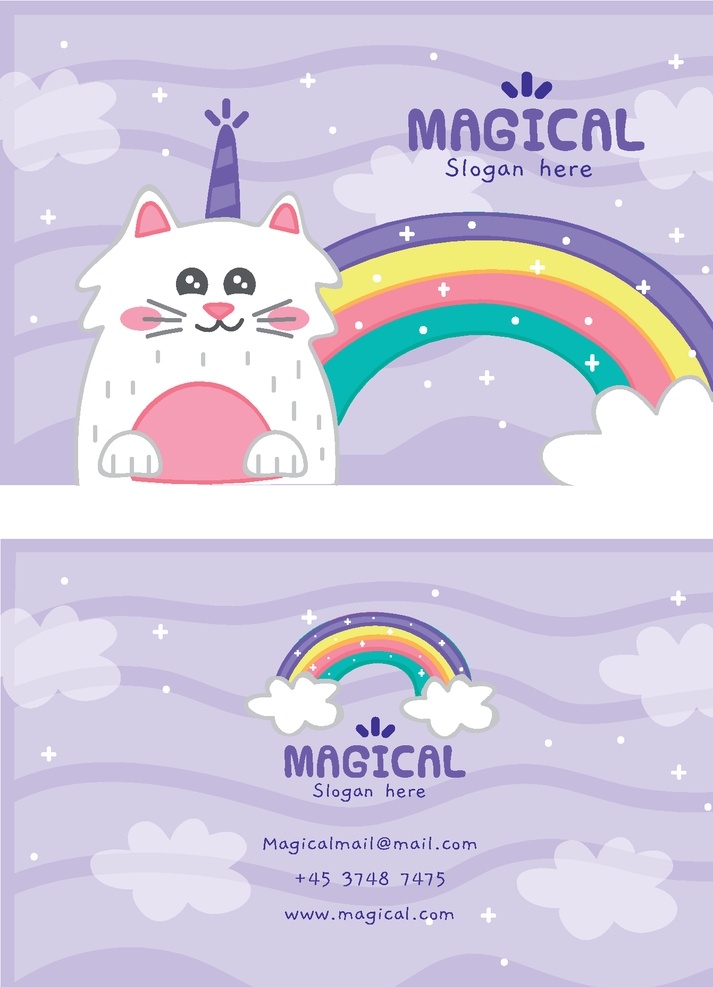紫色背景 儿童 彩虹 云朵 猫 独角兽 卡通 儿童房 蓝天 白云 封面 矢量素材