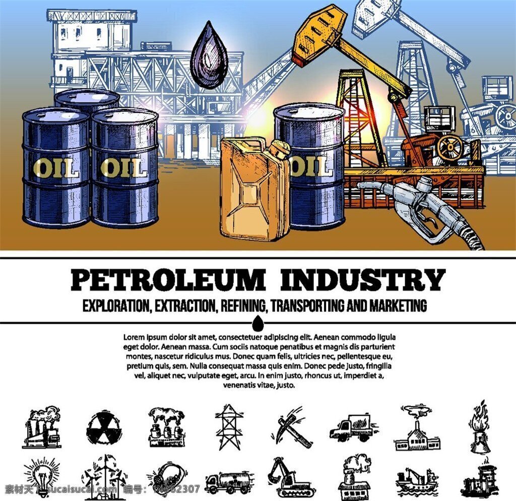 石油开采插画 油轮 石油开采 原油 运输 抽油机 油田 扁平化设计 卡通漫画 其他模板 矢量素材