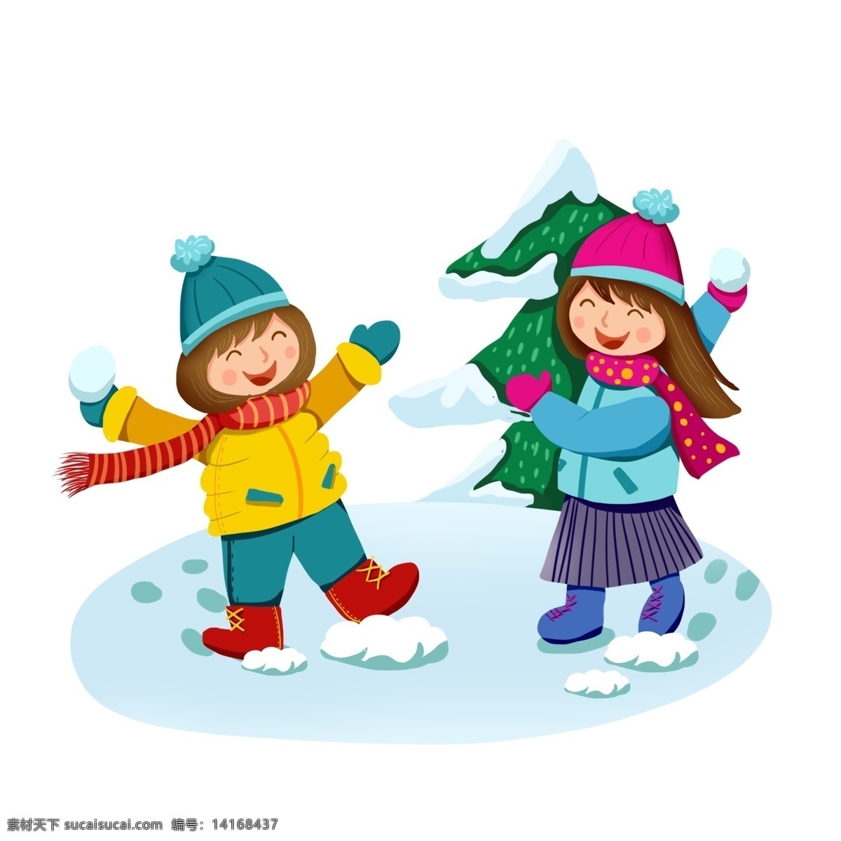 卡通 可爱 女孩 冬季 雪天 打雪仗 玩耍 元素