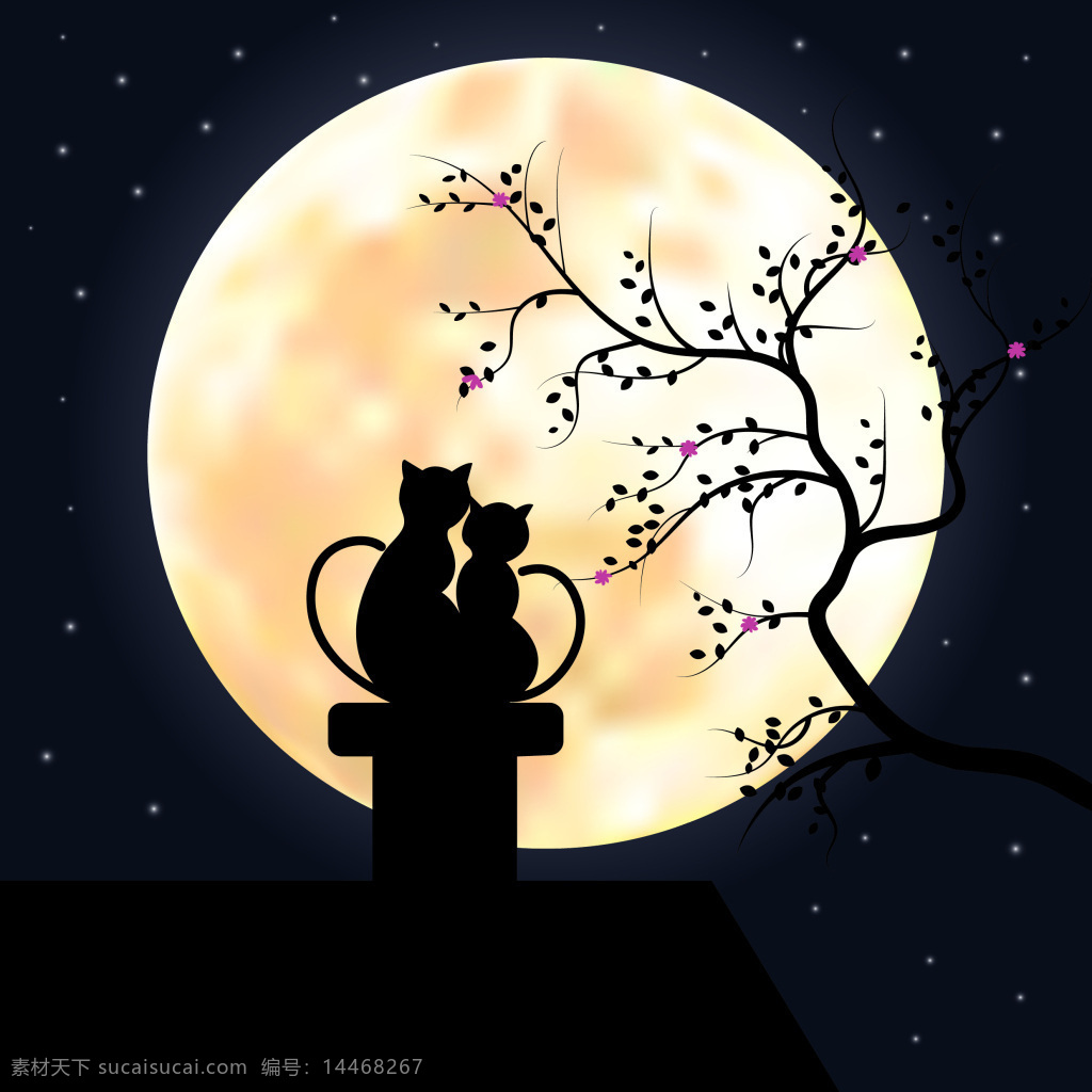 月亮 下 相依 相 唯 情侣 小猫 插画 可爱 浪漫 月光 相依相唯 动物