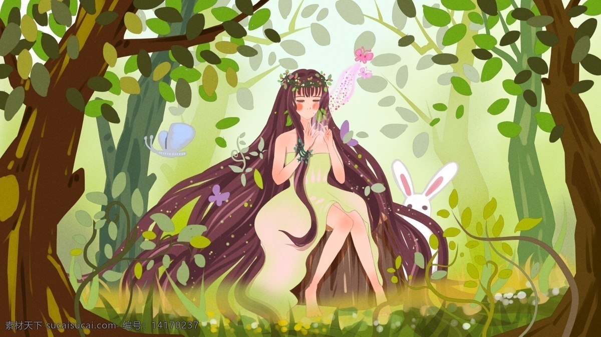 森林 公主 梦幻 里 放飞 蝴蝶 唯美 原创 插画 植物 兔子 仙子 长发 树