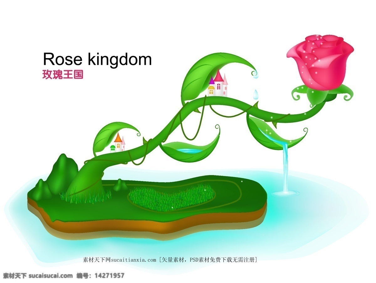 卡通 童话 玫瑰 王国 矢量图 城堡 岛屿 花朵 绿叶 世界 藤蔓 其他矢量图
