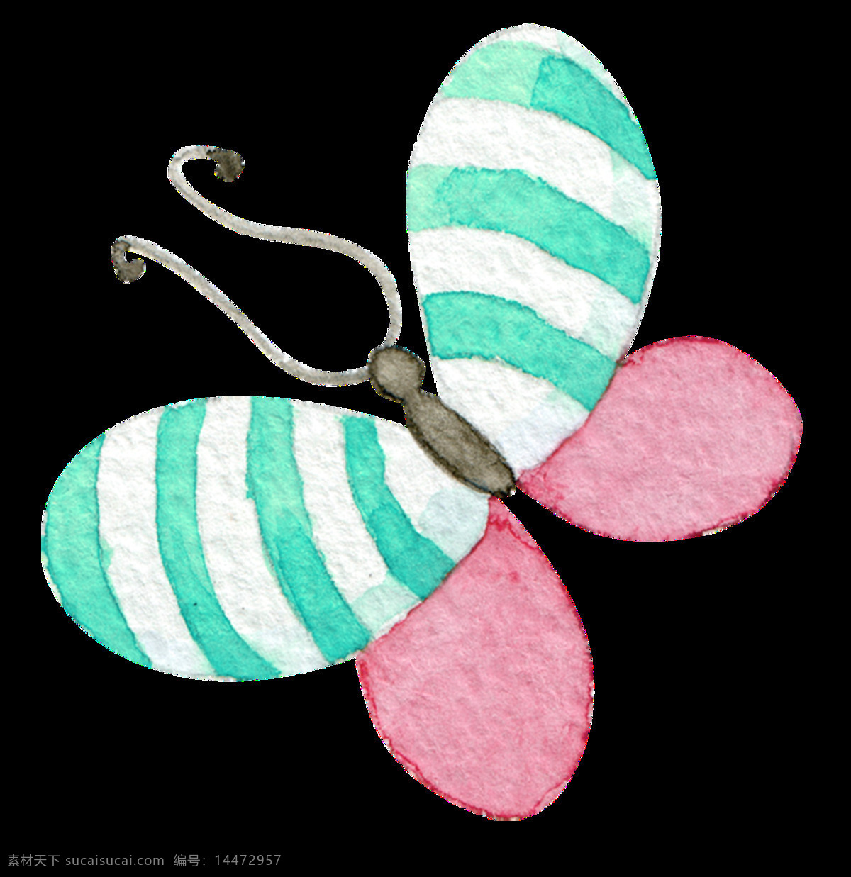 手绘 卡通 版 蝴蝶 透明 装饰 图案 绿白横条 粉色 触角 装饰图案 免扣素材