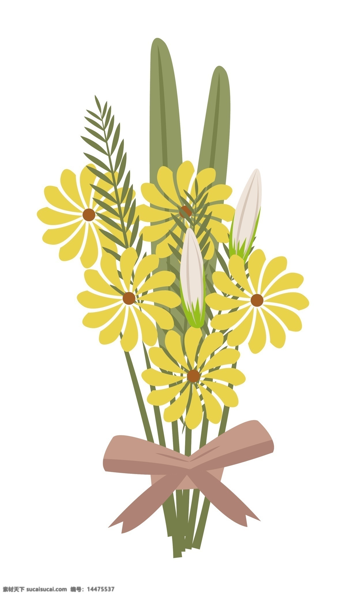 手绘 黄色 花束 插画 手绘花束 黄色的花朵 花卉 绿叶 花叶 棕色的蝴蝶结 绿色的花枝
