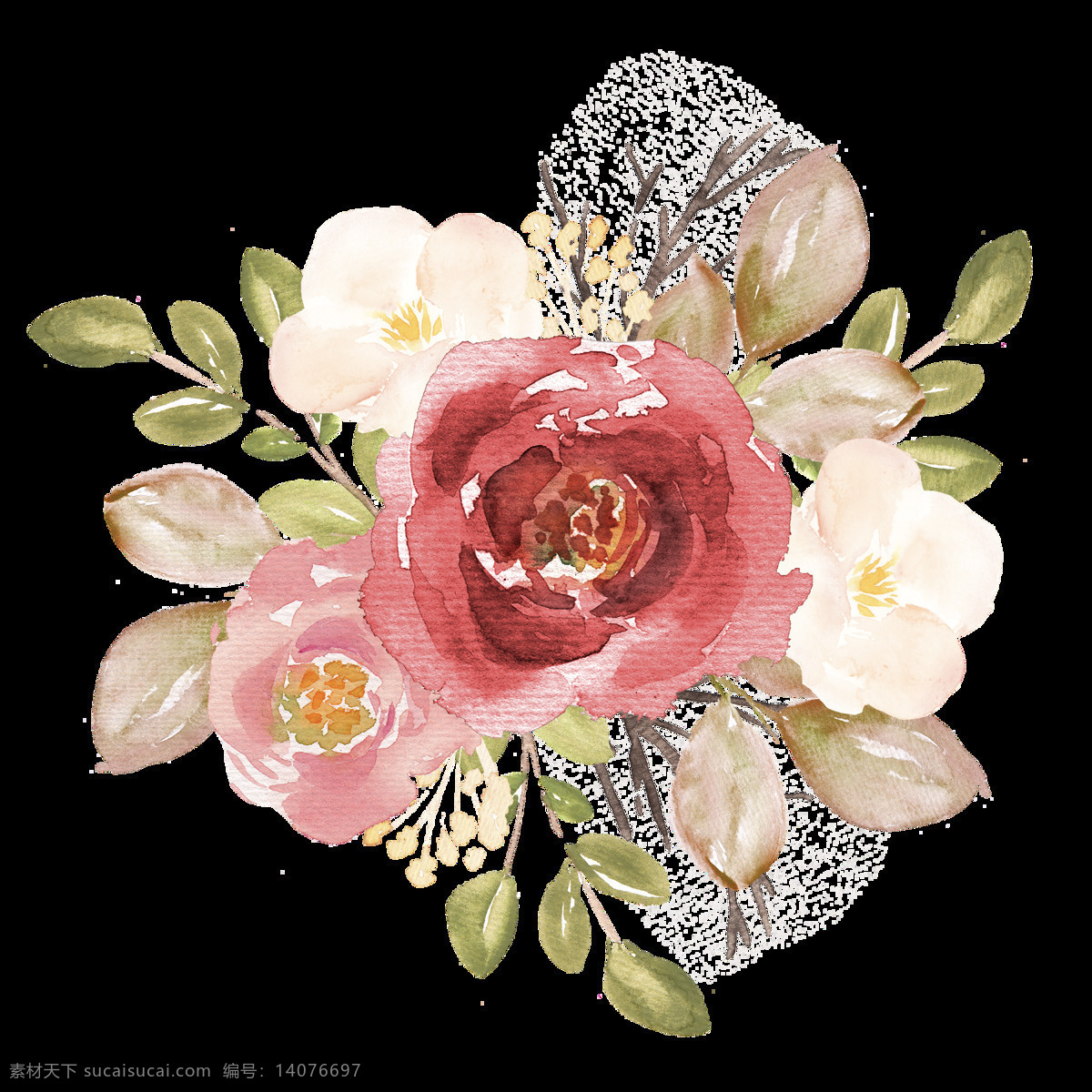 手绘 水彩 玫瑰花 透明 白色 粉红色 复古 红色 婚礼装饰花纹 卡片 叶子