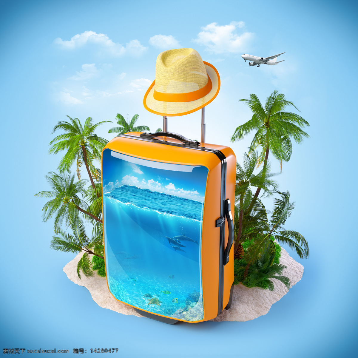 旅行箱 中 还有 沙滩 椰子树 海洋 飞机 遮阳帽 背景 海报 度假 其他类别 环境家居