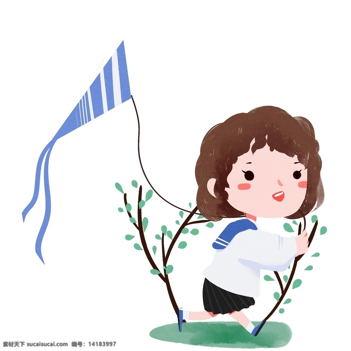 春天 春游 草地 风筝 女孩 学生 卡通 插画