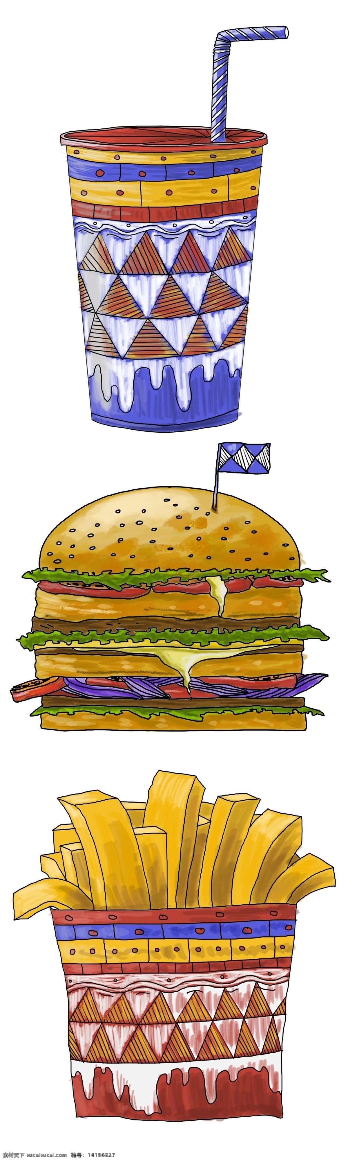 手绘 快餐 汉堡包 汉堡 薯条 饮料 垃圾食品 可乐 麦当劳套餐 卡路里 肉 美食 美式 午餐 套餐 异域