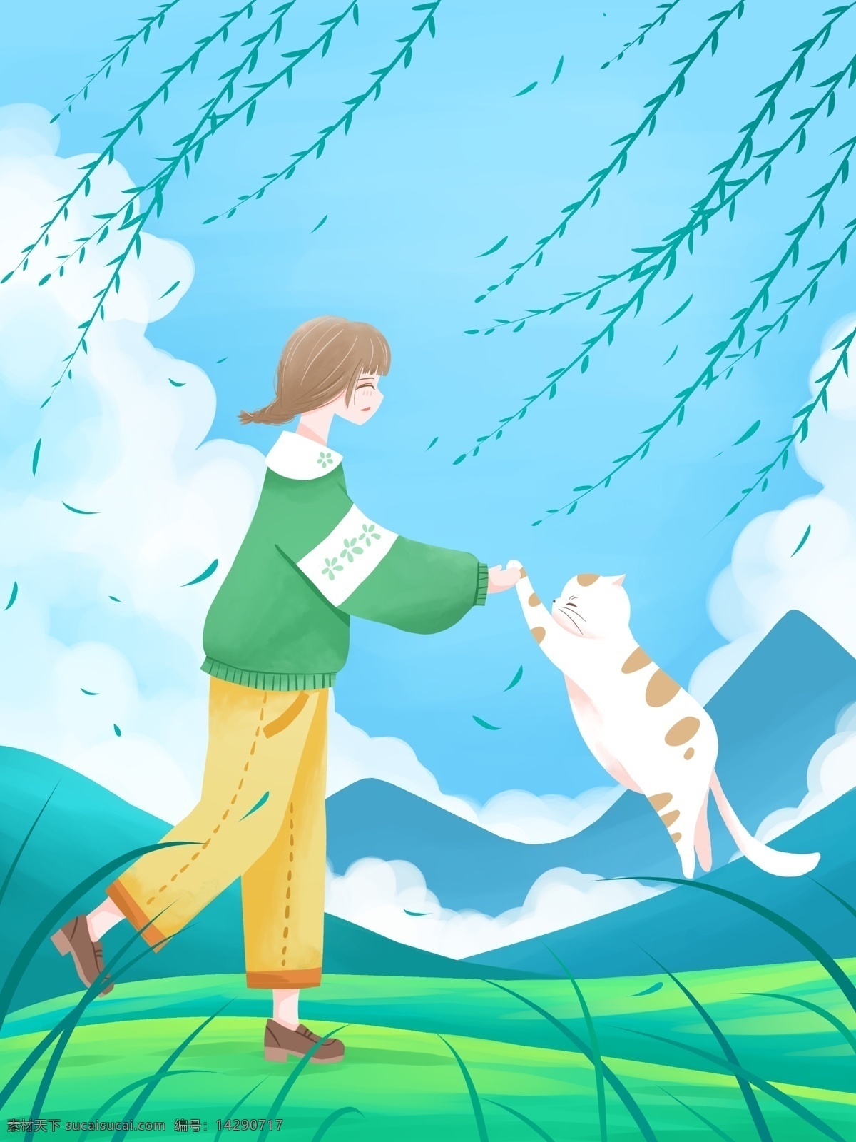 蓝色 唯美 清新 治愈 插画 春天 女孩 猫 背景 蓝色背景 治愈系 猫咪 彩绘 创意