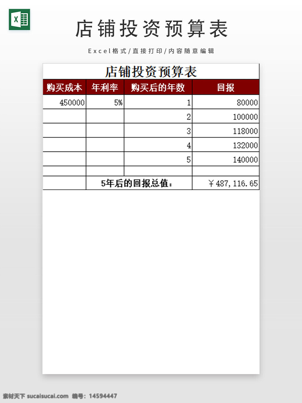 投资 预算表 商店 成本 年利率 回报 金融 财务规划 收益 人民币 年数 计算 经济 利润 回报总值 资金管理 财务分析 商业计划 投资回报 收益预测