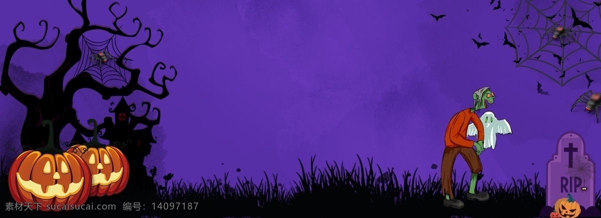 万圣节 紫色 南瓜 灯 活动 促销 背景 幽灵 鬼魂 鬼树 紫色背景 墓碑 恐怖场景 蝙蝠 僵尸 万圣节活动 万圣节促销